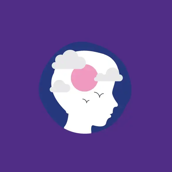 A person's head with clouds and birds in the background.