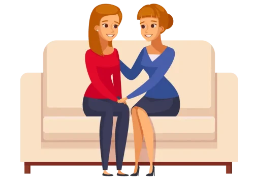 Two women participating in the BrainBehaviorReset™ Program on a couch.
