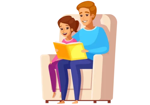 A man and a girl engaging in BrainBehaviorReset Program while sitting in a chair reading a book.