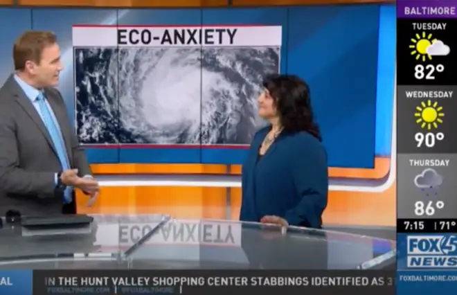A news anchor interviews a woman on hurricane eco-anxiety, part of the media kit.
