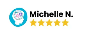 The logo for michelle n. featuring client testimonials.