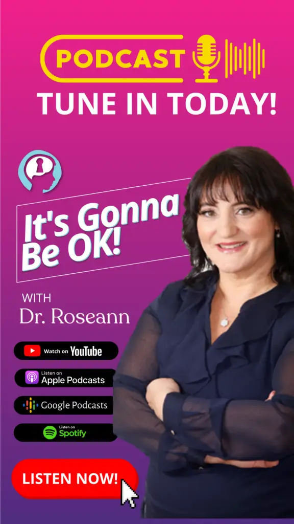 Dr. Roseann Capanna-Hodge hosting the podcast 'It's Gonna Be OK,' speaking into a microphone in a professional studio setup, with the podcast logo visible in the background, conveying a warm and supportive atmosphere focused on mental health and healing.