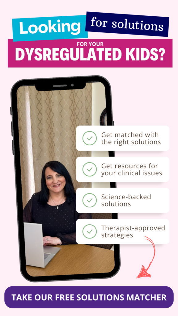 Dr. Roseann Capanna-Hodge smiling and pointing toward a promotional banner for a free 'Solutions Matcher' tool, designed to help families find personalized mental health resources, with vibrant colors and a call-to-action button visible.