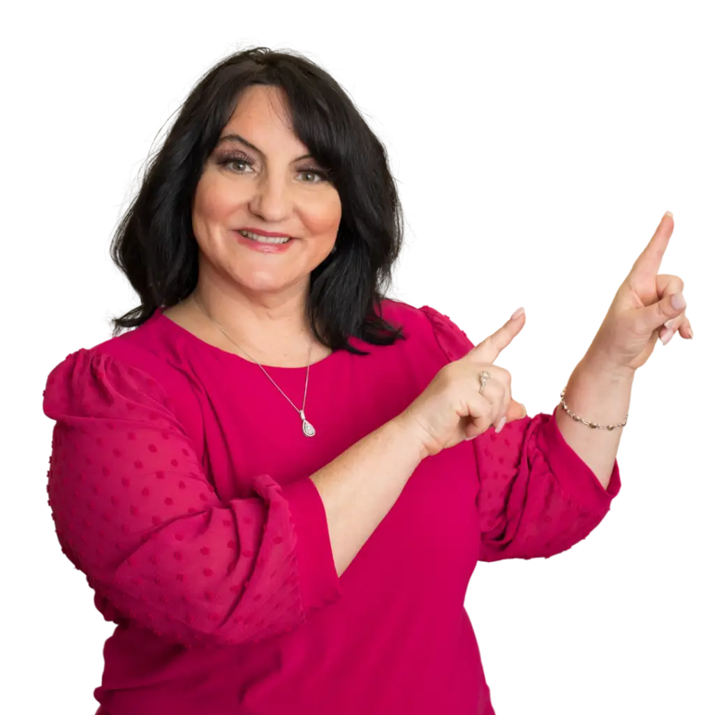 A woman demonstrating neurofeedback against a black background.