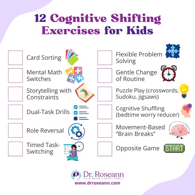 An infographic listing 12 cognitive shifting exercises for kids, including card sorting, mental math switches, storytelling with constraints, flexible problem-solving, and movement-based "brain breaks."