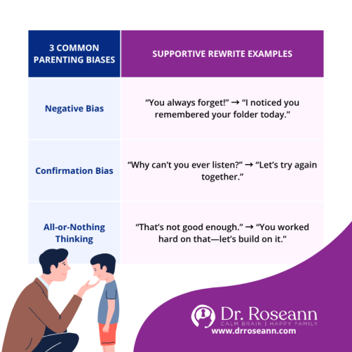 Common parenting biases and supportive rewrites that promote calm and connection.