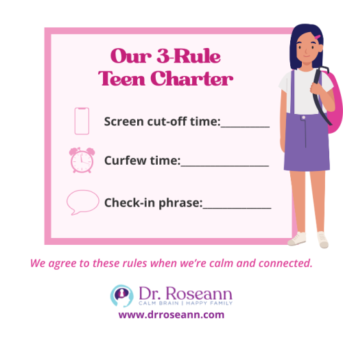 An image of a customizable "Our 3-Rule Teen Charter" for screen cut-off, curfew, and check-in phrase, offering practical guidance on how to discipline a teenager through calm and connected agreements.