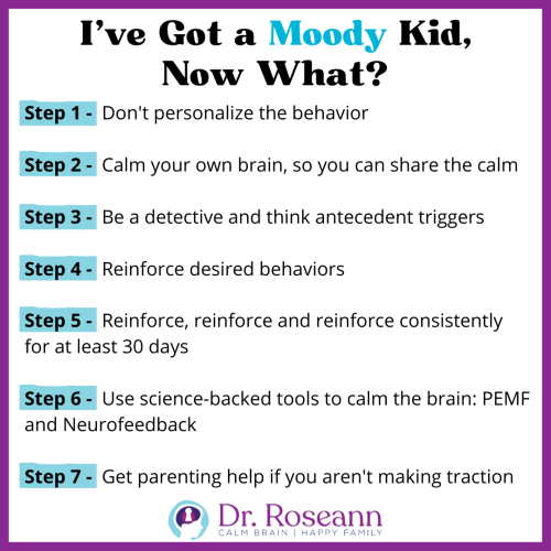 Infographic outlining seven steps for parents with a moody child, including staying calm, identifying triggers, reinforcing positive behaviors, using neurofeedback, and seeking parenting support when needed