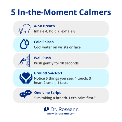 An infographic listing 5 quick, in-the-moment strategies (4-7-8 Breath, Cold Splash, Wall Push, Ground 5-4-3-2-1, One-Line Script) to calm the brain and respond effectively to an emotional trigger.
