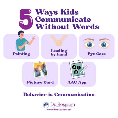Infographic listing 5 ways children communicate without words (Pointing, Leading by hand, Eye Gaze, Picture Card, AAC App), which can be methods of communication for children with non verbal autism signs.