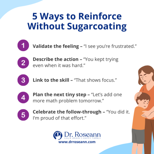 Checklist showing five balanced ways parents can reinforce positive behavior without being overly positive.