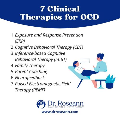 infographic listing clinical therapies for OCD including Exposure therapy, cognitive behavioral therapy, family therapy, parent coaching, neurofeedback and PEMF