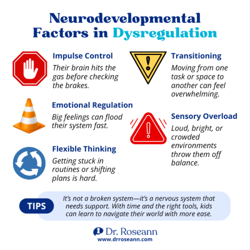 Infographic on the causes of dysregulation in children, highlighting five neurodevelopmental factors: impulse control issues, difficulty transitioning between tasks, challenges with emotional regulation, sensory overload from loud or bright environments, and trouble with flexible thinking or changing routines. Includes a tip that dysregulation is not a broken system but a nervous system needing support, and with the right tools, kids can navigate life more easily.
