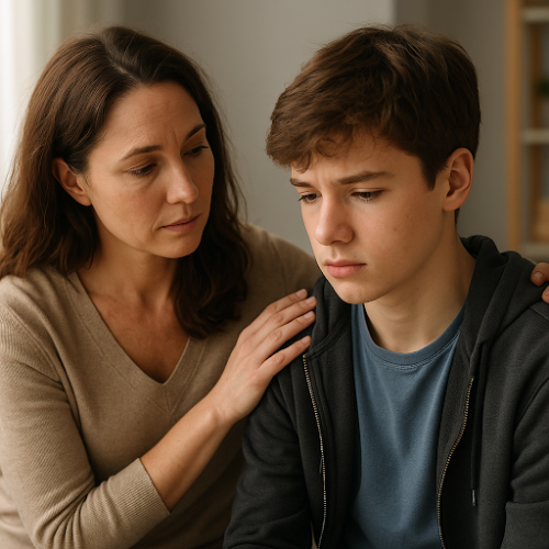 A mother with light skin gently places her hand on her teenage son's shoulder, offering comfort as he looks down with a sad expression—illustrating parental support for a child struggling with emotional instability.
