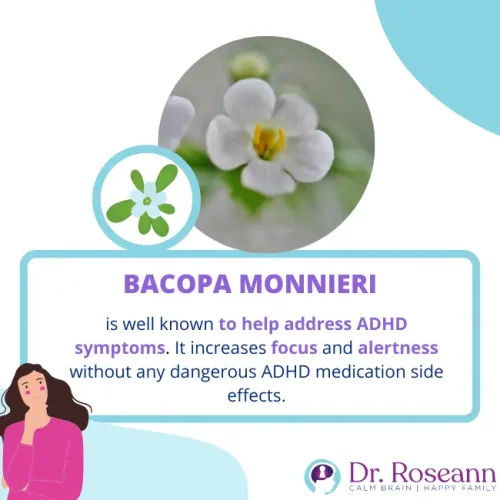 Infographic highlighting Bacopa Monnieri as a natural remedy that helps reduce ADHD symptoms by improving focus and alertness without harmful medication side effects.