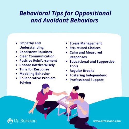 List of behavioral tips to help PDA and ODD in children including empathy, routines, clear communication, positive reinforcement, stress management, calm responses, and more.