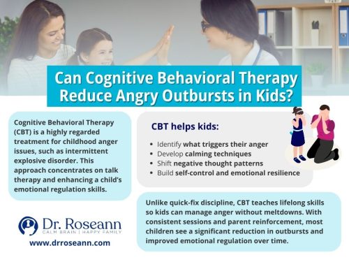 Illustration depicting a child engaging in cognitive-behavioral therapy (CBT) to manage anger, guided by a therapist. The child is shown identifying anger triggers and practicing coping strategies like deep breathing and positive self-talk, with visual elements such as thought bubbles and calming imagery representing the therapeutic process.
