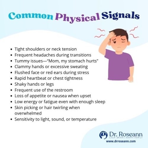 Infographic listing common physical signals of stress or dysregulation in children, such as tight shoulders, headaches, tummy aches, sweating, rapid heartbeat, fatigue, and sensitivity to light or sound.