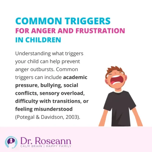 Infographic listing common triggers for anger and frustration in children, including academic pressure, bullying, social conflicts, sensory overload, difficulty with transitions, and feeling misunderstood, featuring an illustration of an upset child.