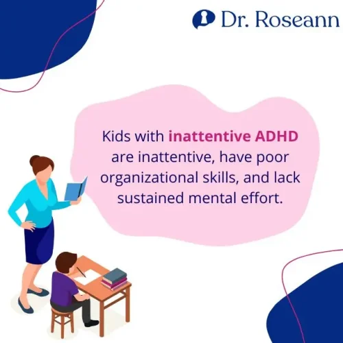 Infographic about inattentive ADHD in kids, showing symptoms like poor focus, weak organizational skills, and difficulty sustaining mental effort, with illustration of a teacher helping a student at a desk.