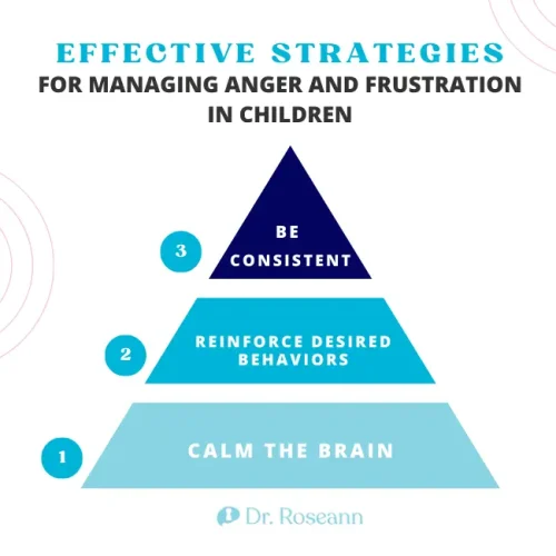 Infographic showing effective strategies for managing anger and frustration in children, presented as a three-level pyramid: calm the brain, reinforce desired behaviors, and be consistent.