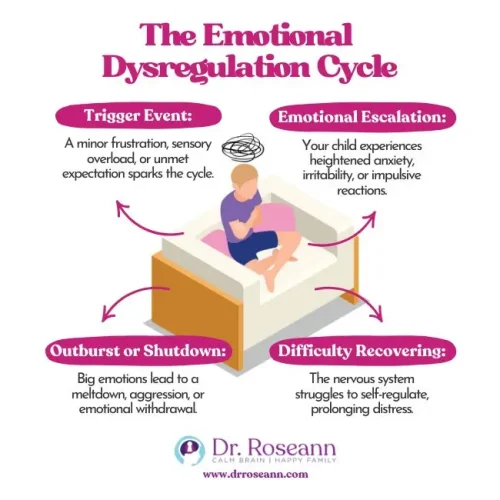 Infographic illustrating the emotional dysregulation cycle, including triggers, emotional escalation, outbursts, and difficulty recovering.