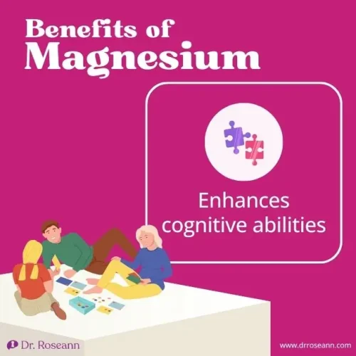 Illustration with text ‘Benefits of Magnesium – Enhances Cognitive Abilities,’ showing children studying and playing together, highlighting how magnesium supports brain health and focus.