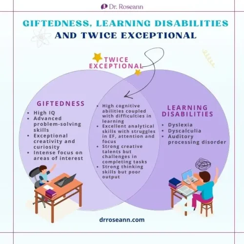 Venn diagram explaining giftedness, learning disabilities, and twice exceptional children. Gifted kids have high IQ and creativity; those with learning disabilities struggle with dyslexia or auditory processing; twice exceptional children show high ability but face learning challenges.