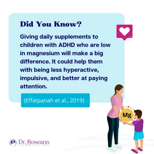 graphic saying the giving daily supplements to children with ADHD who have low magnesium can help them become less hyperactive, impulsive, and better at paying attention.