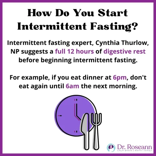 Graphic titled 'How Fasting Helps Anxiety and Depression,' featuring a calm person meditating with a clock icon and healthy foods in the background, symbolizing the connection between intermittent fasting and improved mental health.