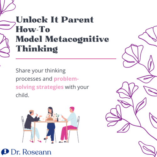 Infographic encouraging parents to model metacognitive thinking by sharing their thought processes and problem-solving strategies with their child