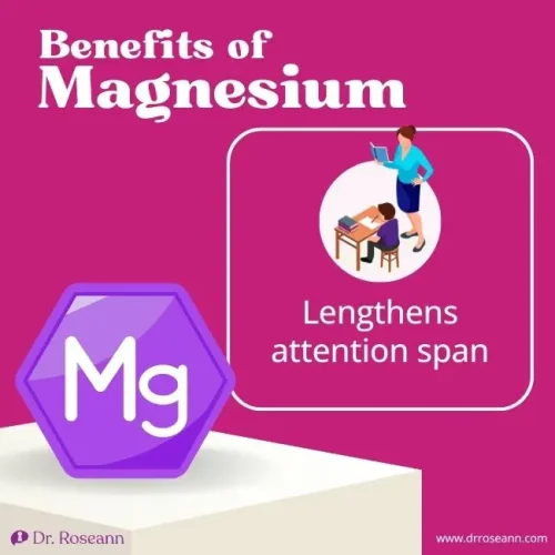 Infographic with text ‘Benefits of Magnesium – Lengthens Attention Span,’ featuring a child studying at a desk with a teacher’s support, symbolizing magnesium’s role in focus and concentration.