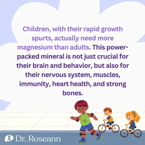 Magnesium for kids infographic showing children playing sports with text explaining magnesium's importance for growth, brain health, and physical development.