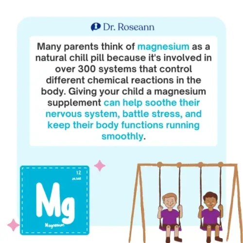 Magnesium for kids infographic showing chemical symbol Mg and children on swings, explaining benefits for nervous system and stress management.