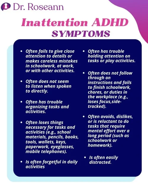 Infographic listing common symptoms of Inattentive ADHD, including difficulty paying attention to details, trouble listening, problems organizing tasks, losing necessary items, forgetfulness, difficulty sustaining attention, not following instructions, avoiding tasks requiring mental effort, and being easily distracted.