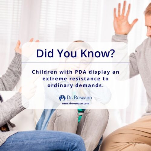 Children with Pathological Demand Avoidance showing resistance behavior, educational infographic.