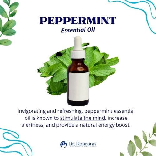 infographic featuring peppermint as a top essential oil for the nervous system as it stimulated the mind, increases alertness, and provide a natural energy boost.