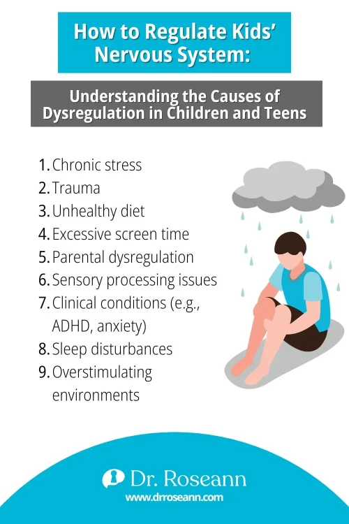 Infographic listing causes of nervous system dysregulation in children and teens, including stress, trauma, diet, screen time, and sleep issues.