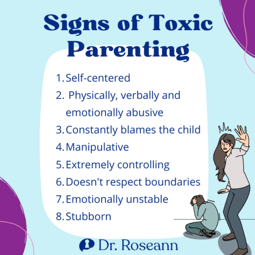 Educational graphic by Dr. Roseann listing eight signs of toxic parenting, including self-centeredness, abuse, manipulation, control, lack of boundaries, and emotional instability, promoting awareness of harmful parental behaviors.