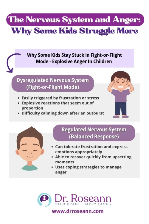 Illustration of a child with highlighted brain and nervous system pathways, showing how stress and anger affect the body. Includes visual cues like lightning bolts near the brain and tense muscles to represent anger responses, based on Dr. Roseann Capanna-Hodge’s insights on childhood anger disorders and the nervous system.