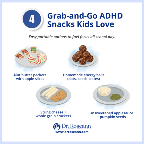 ADHD diet snack ideas for kids including nut butter with apples, energy balls, string cheese with crackers, and applesauce with pumpkin seeds