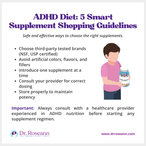 ADHD diet supplement shopping guidelines with tips on safe brands, dosing, and nutrition support