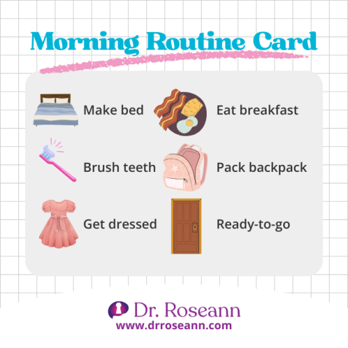 Infographic showing ADHD symptoms checklist support tool with a morning routine card, including making bed, brushing teeth, eating breakfast, and packing backpack.