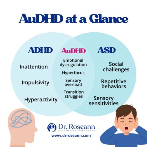 A Venn diagram showing the overlap between ADHD and ASD (Autism Spectrum Disorder) to define AuDHD, listing common shared traits like emotional dysregulation, sensory overload, and hyperfocus, which are key components of an AuDHD test.