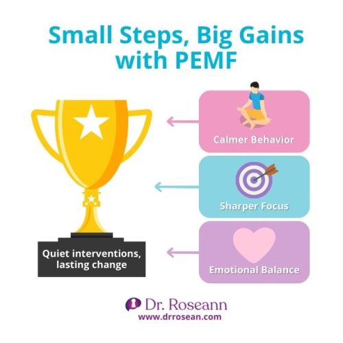 Infographic showing a trophy and three boxes listing the benefits of PEMF therapy devices: calmer behavior, sharper focus, and emotional balance.