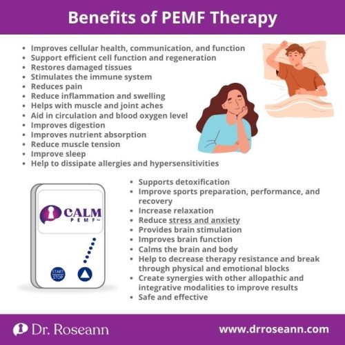 An infographic detailing the various benefits of PEMF therapy, highlighting how PEMF for depression and anxiety can improve mood, reduce stress, and promote relaxation, alongside other physical health advantages.