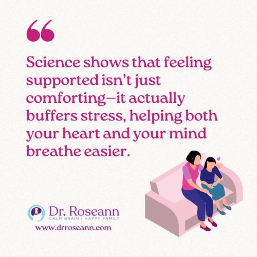 An illustration showing a mother and child sitting on a couch. The text on the image describes how feeling supported buffers stress, benefiting both heart and mind. The focus is on building a support network to reduce stress.