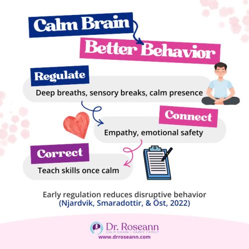 Infographic showing how a calm brain leads to better behavior, featuring "Regulate," "Connect," and "Correct" strategies that support Executive Functioning in Children.