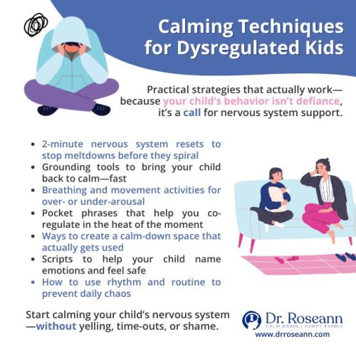 Infographic on calming strategies for kids showing signs of dysregulation. Highlights how practical tools support the nervous system and reduce meltdowns—an essential part of managing the progression of dysregulation in children through co-regulation, routines, and sensory support