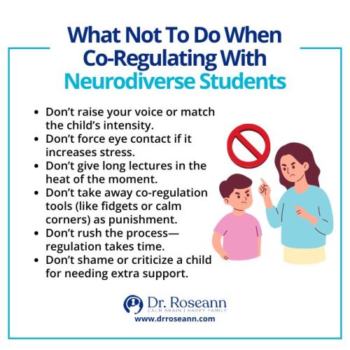 Infographic on what not to do when co-regulating with neurodiverse students, including avoiding yelling, forcing eye contact, giving long lectures, and shaming.